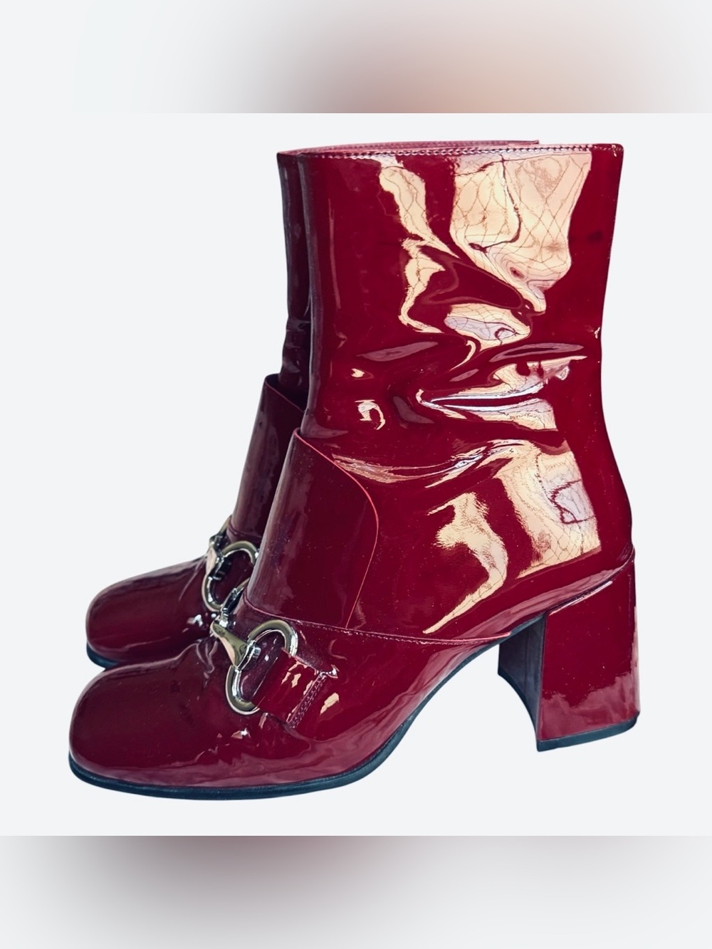 Jeffrey Campbell Patent Leather Burgundy Mid-Calf Block Heel Boots